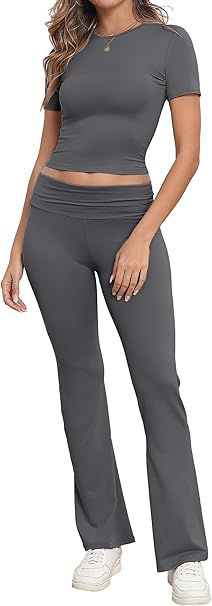 Loungewear Sets for Women UK Two Piece Outfit Short Sleeve Crop Top and High Elastic Waist Wide Leg Trousers Co Ord Set