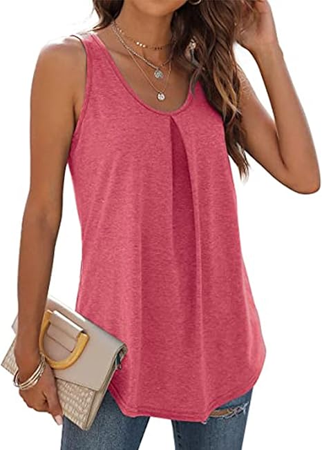 Ladies Tops Sleeveless Pleated Curved Hem Vest Casual Loose Tank Tops 2025 Summer Trendy