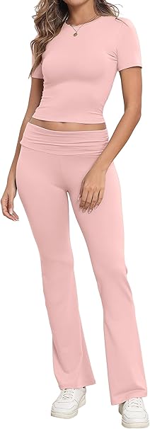 Loungewear Sets for Women UK Two Piece Outfit Short Sleeve Crop Top and High Elastic Waist Wide Leg Trousers Co Ord Set