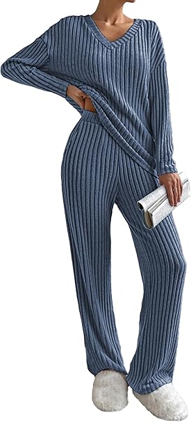 Womens Pyjamas Set Nightwear, Ladies Ribbed 2 Piece Outfits Loungewear Sets Leisure Suits Homewear V Neck Long Sleeve Jumpers and Wide Leg Trousers with Pockets