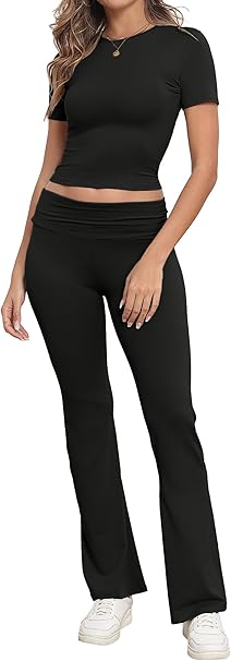 Loungewear Sets for Women UK Two Piece Outfit Short Sleeve Crop Top and High Elastic Waist Wide Leg Trousers Co Ord Set