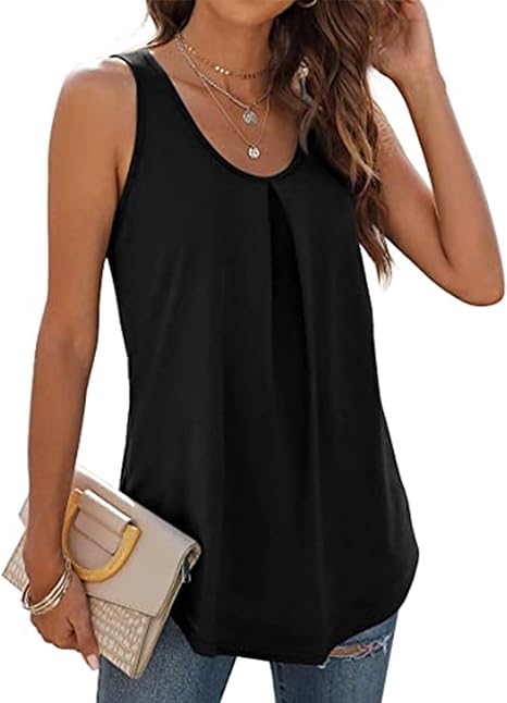 Ladies Tops Sleeveless Pleated Curved Hem Vest Casual Loose Tank Tops 2025 Summer Trendy