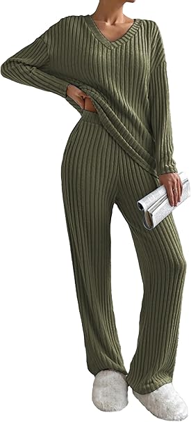 Womens Pyjamas Set Nightwear, Ladies Ribbed 2 Piece Outfits Loungewear Sets Leisure Suits Homewear V Neck Long Sleeve Jumpers and Wide Leg Trousers with Pockets