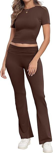 Loungewear Sets for Women UK Two Piece Outfit Short Sleeve Crop Top and High Elastic Waist Wide Leg Trousers Co Ord Set
