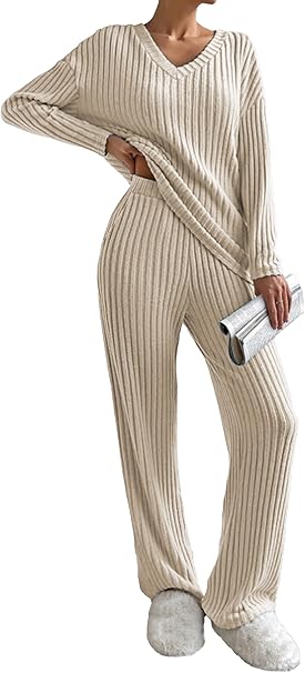 Womens Pyjamas Set Nightwear, Ladies Ribbed 2 Piece Outfits Loungewear Sets Leisure Suits Homewear V Neck Long Sleeve Jumpers and Wide Leg Trousers with Pockets