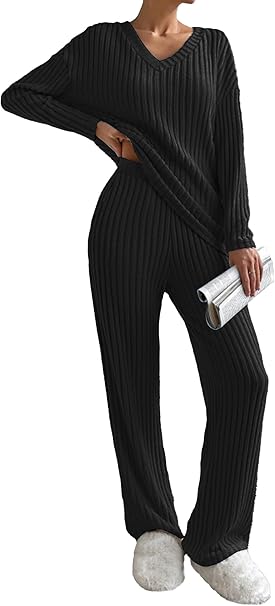 Womens Pyjamas Set Nightwear, Ladies Ribbed 2 Piece Outfits Loungewear Sets Leisure Suits Homewear V Neck Long Sleeve Jumpers and Wide Leg Trousers with Pockets